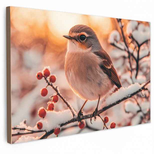 MuchoWow OBRAZ NA PLÁTNĚ Pták - Větev - Zima - Zvířata - Sníh 90x60 cm