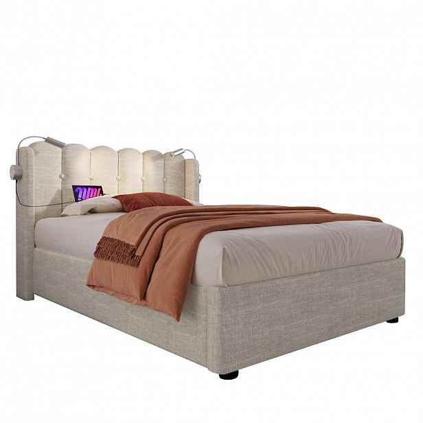 CHICFURN ČALOUNĚNÁ POSTEL 90/200 cm v přírodní barvě s lampičkou, USB a úložným prostorem z lněné látky
