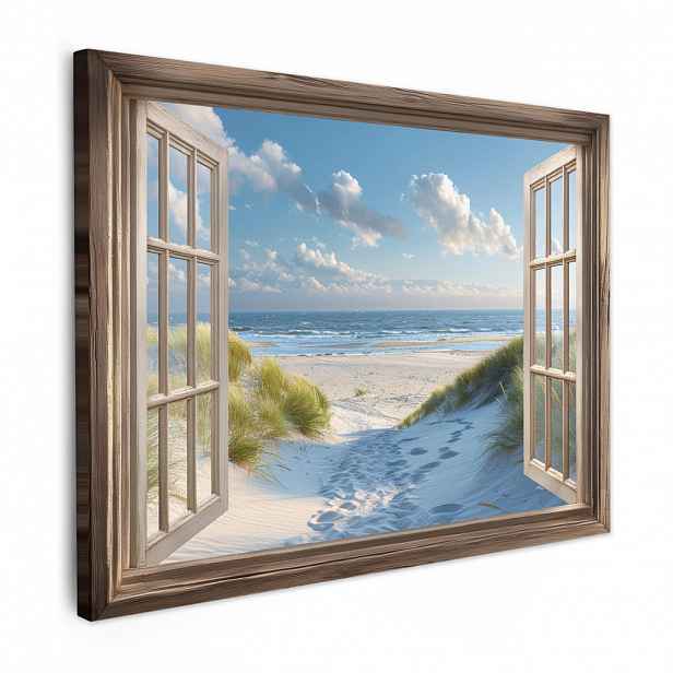 MuchoWow OBRAZ NA PLÁTNĚ Pohled - Pláž - Okno - Duny - Moře 80x60 cm