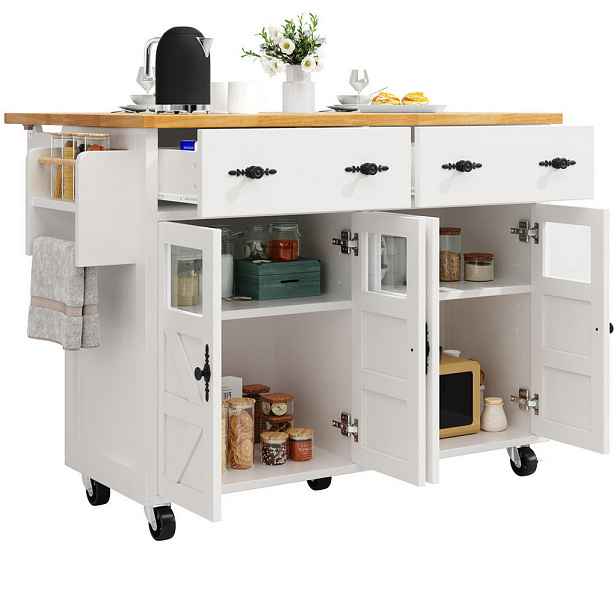 Redom KUCHYŇSKÝ servírovací vozík 140/73/93,5 cm s výsuvnou deskou, uzamykatelnými kolečky a úložným prostorem, Bílá