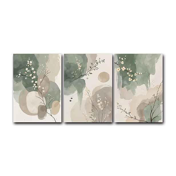 TEMU 2D plochá sada 3 obrazů Japandi Botanical Zen na zeď, abstraktní akvarelové , šalvějově zelené béžové tisky, minimalistické květinové umění,