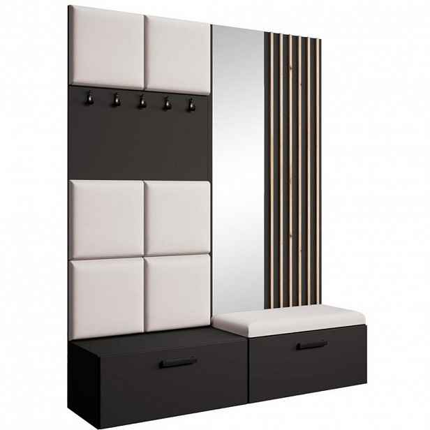 Beautysofa PŘEDSÍŇOVÁ sestava Margaret I+II 162/203/43 s čalouněnými panely / lamelami / zrcadlem, černá|dub artisan