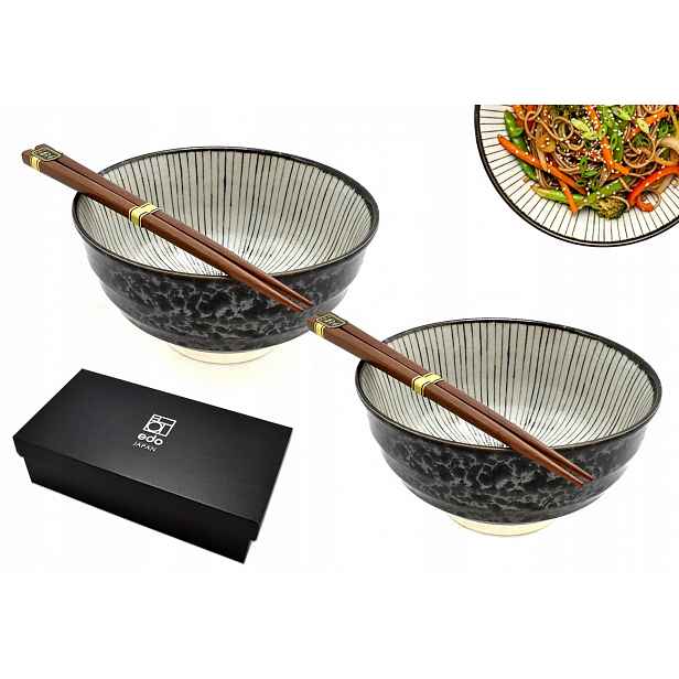 Sada 2 misek s hůlkami Udon Shima Black 800 ml Box