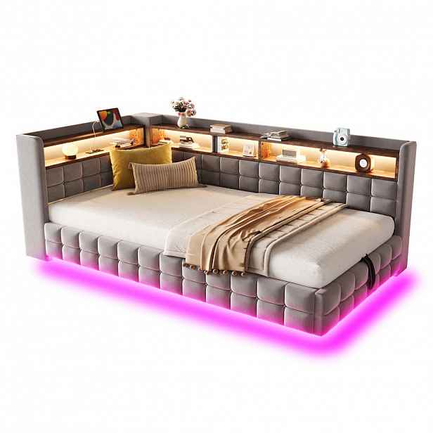 WISHDOR ČALOUNĚNÁ POSTEL 90x200 cm ve Světle Šedém Sametu s Úložným Prostorem, Regálem, LED, USB a Type-C