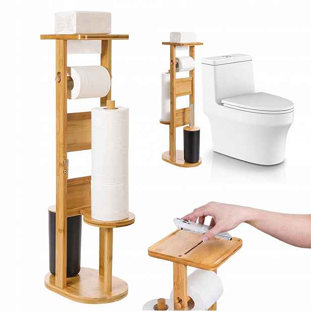 Stojan Na Toaletní Papír A Wc Štětku S Policí, Výška 80 CM, Bambusový