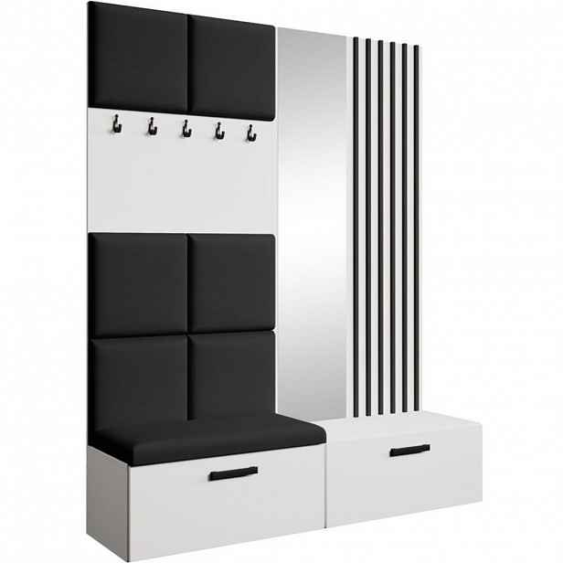 Beautysofa PŘEDSÍŇOVÁ sestava Margaret I+II 162/203/43 s čalouněnými panely / lamelami / zrcadlem, bílá|černá