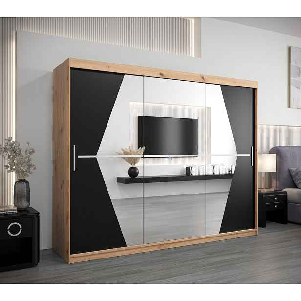 Šatní skříň SAMANTA - šířka 250 cm, dub artisan / černá