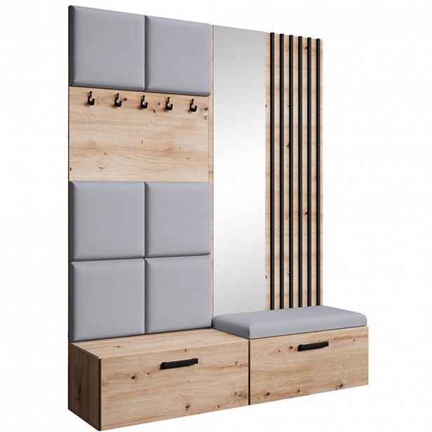 Beautysofa PŘEDSÍŇOVÁ sestava Margaret I+II 162/203/43 s čalouněnými panely / lamelami / zrcadlem, dub artisan|černá