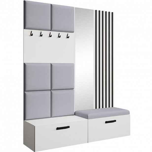 Beautysofa PŘEDSÍŇOVÁ sestava Margaret I+II 162/203/43 s čalouněnými panely / lamelami / zrcadlem, bílá|černá