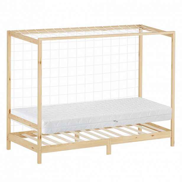ML-DESIGN DĚTSKÁ POSTEL ve tvaru fotbalové brány 90 x 200 cm s matrací, výška: 16 cm, přírodní borové dřevo