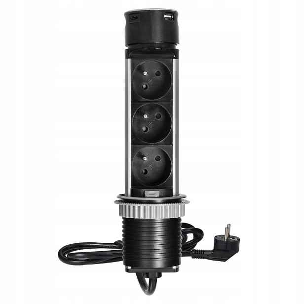 Nábytková zásuvka Ø6 cm, 1,5 m, 3x2P+Z, 2xUSB (typ A a typ C, 2,4 A), Inox
