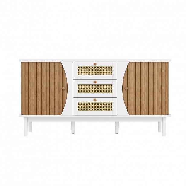 Urban Meuble SIDEBOARD v bílé barvě a dekoru dřeva ratanová komoda se 3 zásuvkami a obloukovým designem