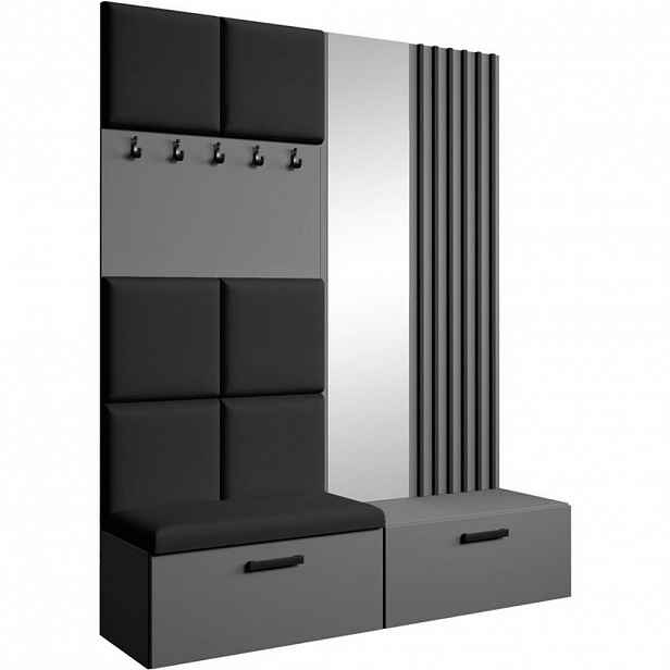 Beautysofa PŘEDSÍŇOVÁ sestava Margaret I+II 162/203/43 s čalouněnými panely / lamelami / zrcadlem, grafitová|černá