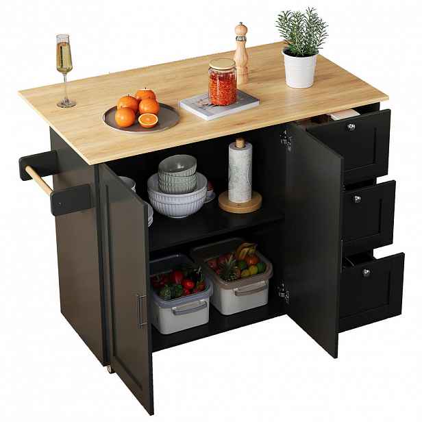 STILVORA KUCHYŇSKÝ OSTRŮVEK černý/přírodní servírovací vozík se zásuvkami do kuchyně a jídelny, 135×44(70)×90 cm