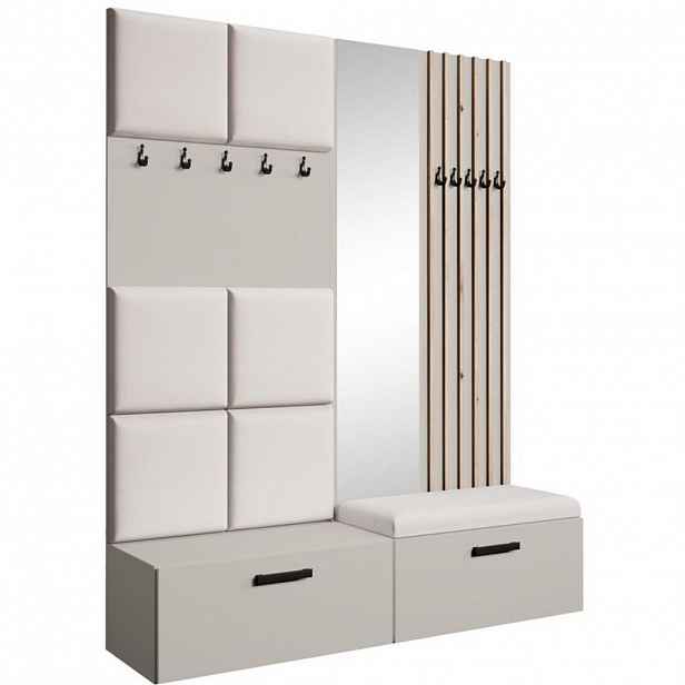 Beautysofa PŘEDSÍŇOVÁ sestava Margaret I+II 162/203/43 s čalouněnými panely / lamelami / zrcadlem, kašmírová|dub artisan