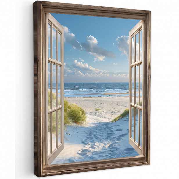 MuchoWow OBRAZ NA PLÁTNĚ Pohled - Pláž - Okno - Duny - Moře 60x80 cm