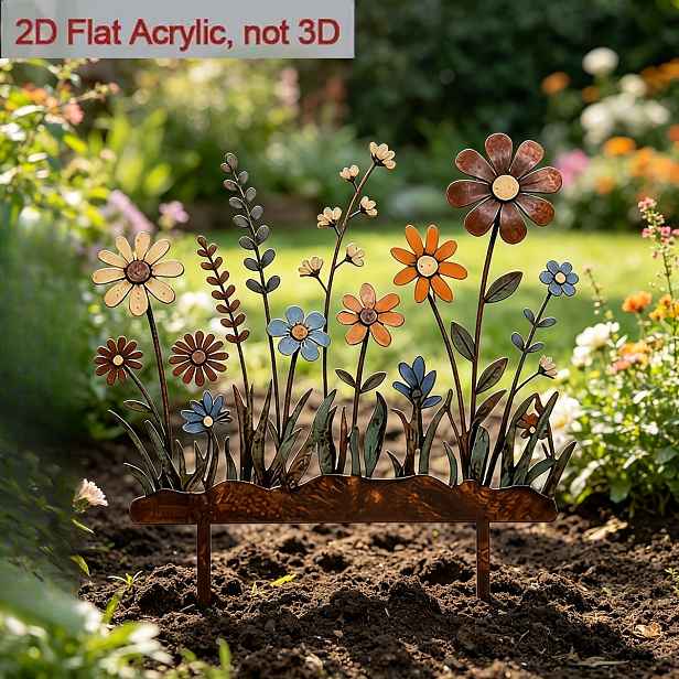 TEMU 2D Plochý, [2D Plochý] 1ks 2D Plochý Rustikální Zahradní Kolík s Barevným Květinovým Designem, Umělý Rezavý Kov, Odolný vůči Povětrnostním
