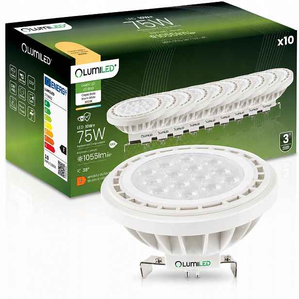 10x Led žárovka G53 AR111 10W 75W 1055lm 3000K Teplá 38° 12V Lumiled