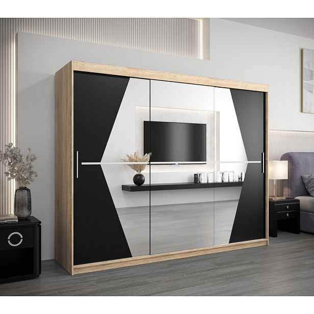 Šatní skříň SAMANTA - šířka 250 cm, dub sonoma / černá