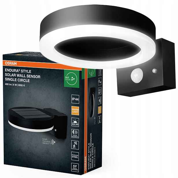 Zahradní nástěnné svítidlo Solární Led Senzor pohybu Soumraku 6W 400lm 3000K Osram
