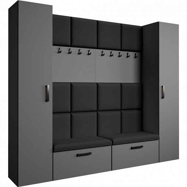 Beautysofa PŘEDSÍŇOVÁ sestava Margaret XL 242/203/43 s čalouněnými panely a botníkem, grafitová