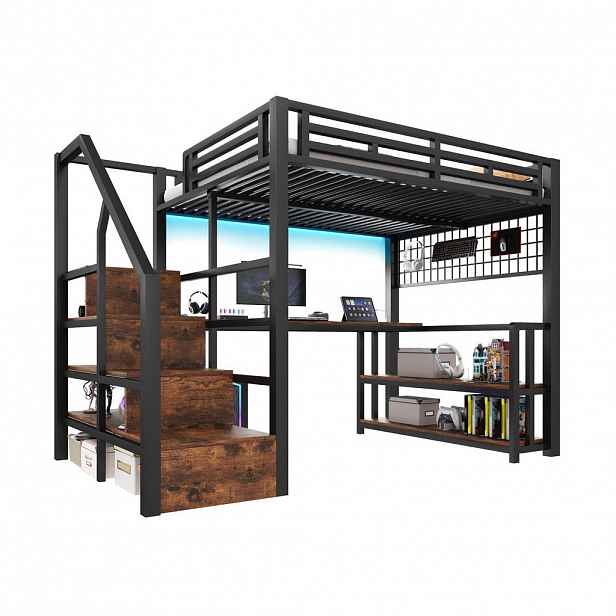 CHICFURN VYVÝŠENÁ POSTEL 140/200 cm v černé barvě se stolem, LED a USB