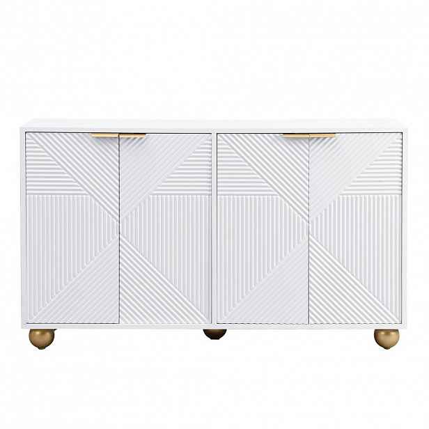 Urban Meuble SIDEBOARD Bílý a Zlatý 120 Cm S Geometrickou Rytinou a Kulovitými Nožičkami