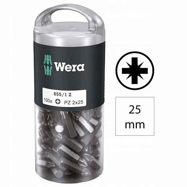 Bit 1/4" Din 3126 E6,3 PZ2x25 mm balení 100 kusů Wera odolný, pevný