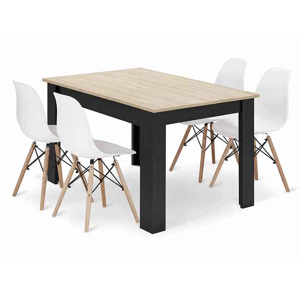 Jídelní stůl 120x80 cm, dekor dub sonoma s černými nohami 4 skandinávské židle, bílé