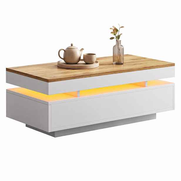 STILVORA KONFERENČNÍ STŮL bílý a přírodní se 2 zásuvkami, LED, vysoký lesk, do obývacího pokoje, 100 × 50 × 35 cm