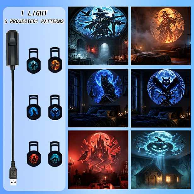 TEMU Halloweenská atmosféra, dekorační , halloweenská projekční lampa, USB napájení, 360 stupňů rotace. : Housenka, Smrtka, Čarodějnice, Strašák a