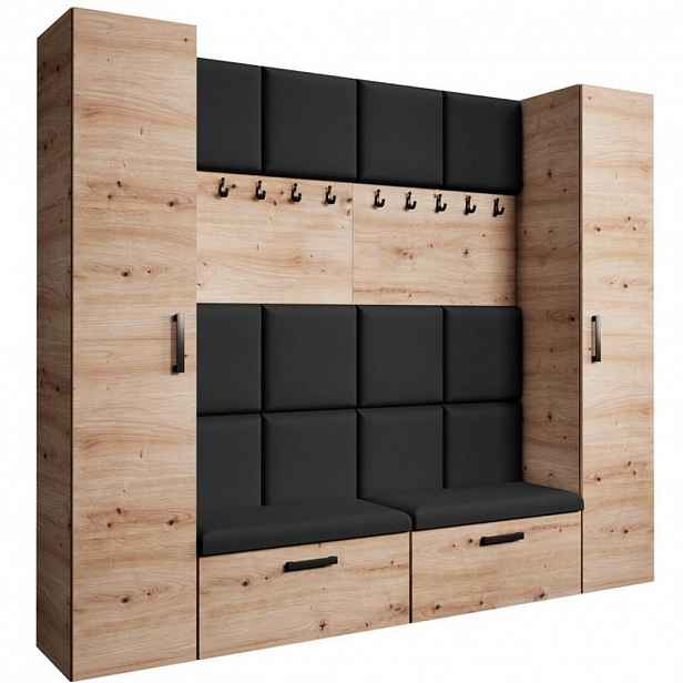 Beautysofa PŘEDSÍŇOVÁ sestava Margaret XL 242/203/43 s čalouněnými panely a botníkem, dub artisan