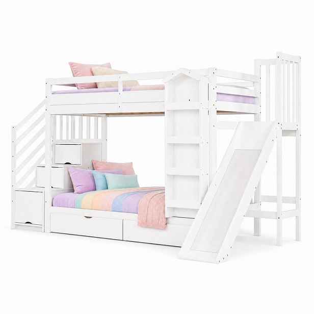 CHICFURN PATROVÁ POSTEL 90/200 cm v bílé barvě se skluzavkou a úložným prostorem