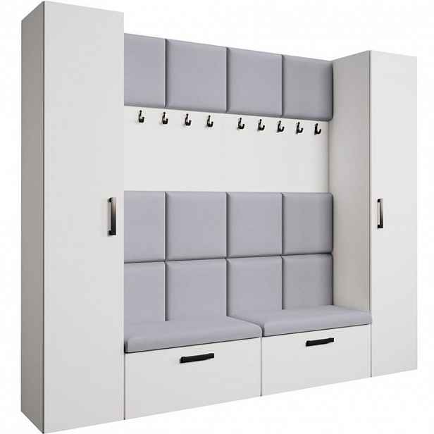 Beautysofa PŘEDSÍŇOVÁ sestava Margaret XL 242/203/43 s čalouněnými panely a botníkem, bílá