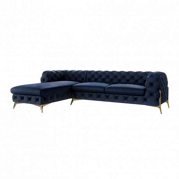 S-Style CHESTERFIELD ROHOVÁ SEDAČKA Lexi z marineblau sametu se zlatými nohami - otomán vlevo
