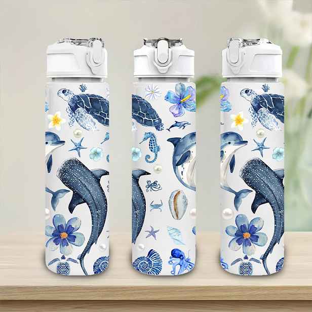 TEMU 1ks Sportovní plastová láhev na vodu s potiskem mořské želvy, žraloka velrybího a delfína, 750ml/26oz, roztomilý potištěný design, nepropustná s