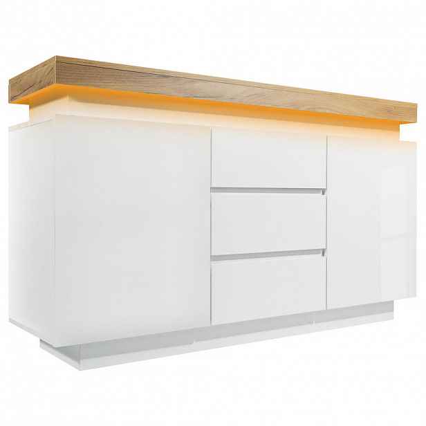Urban Meuble SIDEBOARD 140 cm v bílém vysokém lesku se Smart-LED a 3 zásuvkami