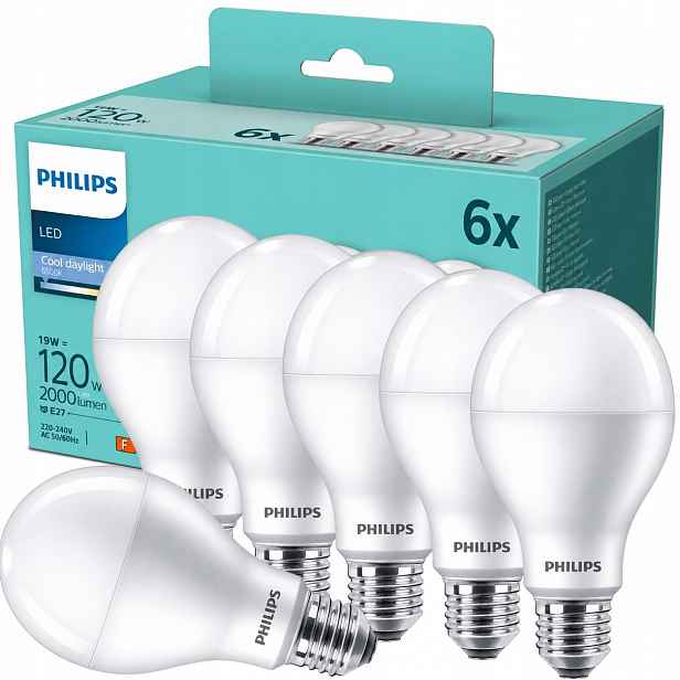 6x Led žárovka E27 Philips A68 19W 120W 2000lm 6500K Studená Výkonná Premium