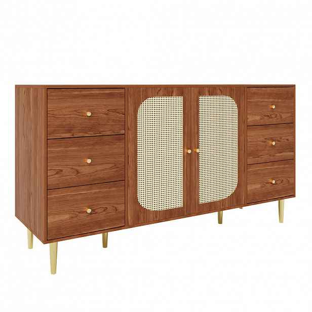 Urban Meuble SIDEBOARD 160 cm dekor dřevo a ratan komoda se 6 zásuvkami a 2 dvířky