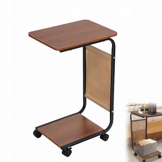 Mobilní Odkládací Stolek 63 CM Pod Notebook/pohovku, Polička Kapsa, Ořech