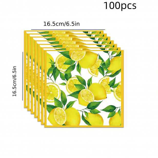 TEMU 100ks Citronové Letní Párty Ubrousky - Žlutý Citrónový & Listový Design, Dvouvrstvé Jednorázové Papírové Ubrousky pro Narozeniny, Svatby, Výročí