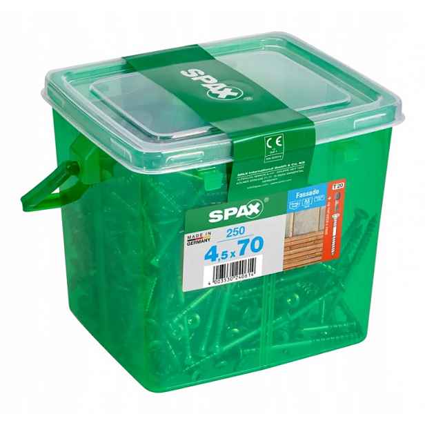 Šrouby Spax pro fasádní desku 4,5x70 mm, A2,TX stříbrné, kbelík 250 ks