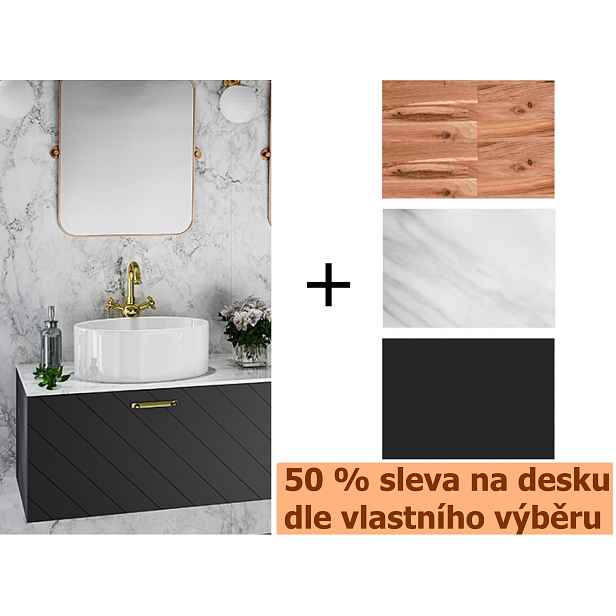 BESCO Spodní skříňka FLOO černá matná + 50 % sleva na desku dle vlastního výběru — Barva horní desky - Černý kámen, Madla - Černá, Rozměr A - 60, Rozměr B - 50, Rozměr C - 40, Způsob provedení - Levá 