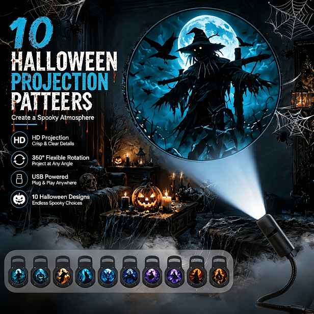 TEMU 1ks Halloweenský projektor – 360° otočné USB noční světlo, 10 strašidelných halloweenských vzorů, vhodné pro strop, zeď, auto, dárek na party