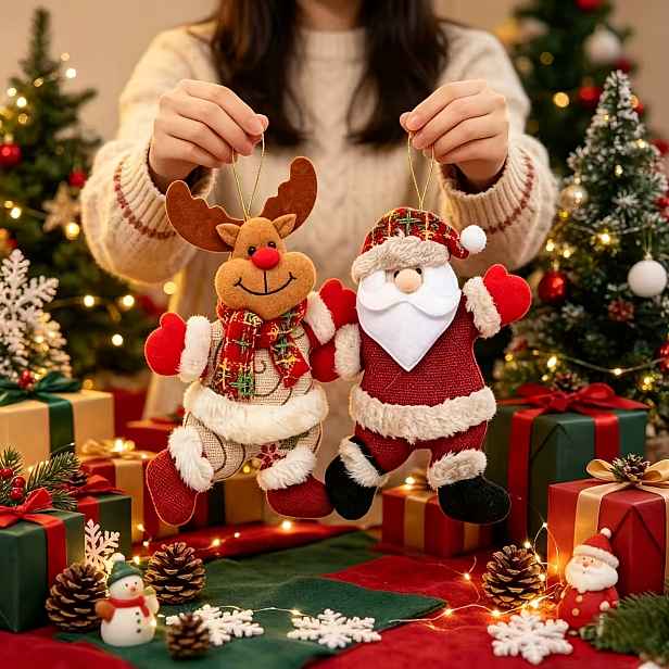 TEMU Sada plyšových vánočních ozdob Santa a soba, látkové vánoční ozdoby na zavěšení na stromeček pro sváteční domácí párty
