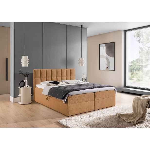 Manželská čalouněná postel 140x220 ALIBINA - světle hnědá + topper