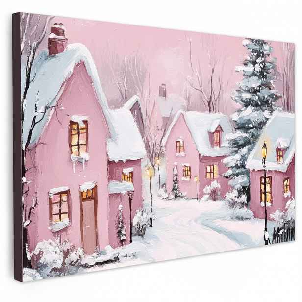 MuchoWow OBRAZ NA PLÁTNĚ Vánoční vesnice - Růžová - Zima - Sníh - Domy 30x20 cm