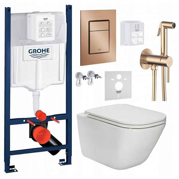 Sada Wc Grohe Rapid s mísou Wc Roca Gap Rim a tlačítkem měď baterie