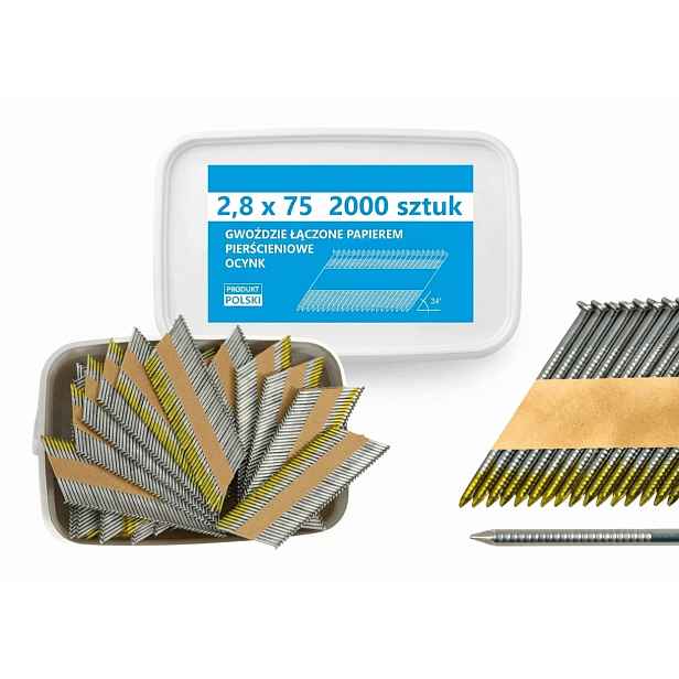 Hřebíky do hřebíkovačky spojené papírem 2,8x75mm 34° 2000ks Pozink P.