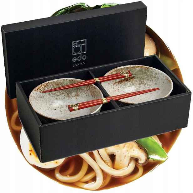 Sada keramiky světlých orientálních misek 17 cm na polévku Udon s tyčinkami Hikari